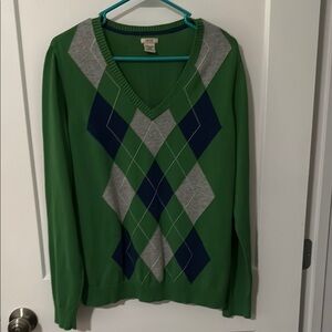 Izod Green and Blue Argyle V-Neck Sweater
